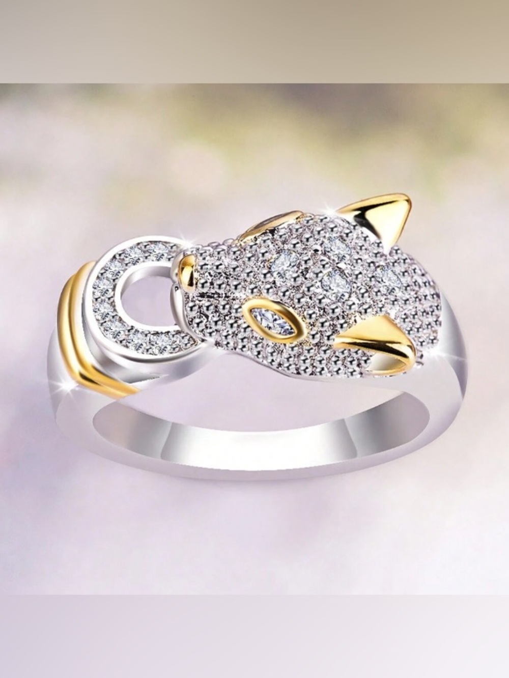 Sterling Two Tone Gold and Silver Topaz Panther Cat Ring Size 7